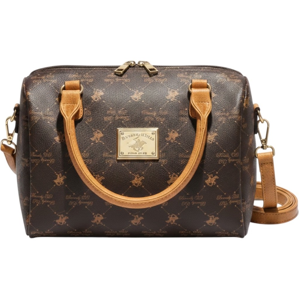 Beverly Hills Polo Club Brown Monogram Satchel Bag Striped Lining BHPC Logo